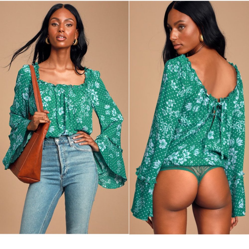 Free People Green Floral Long-Sleeve Bodysuit